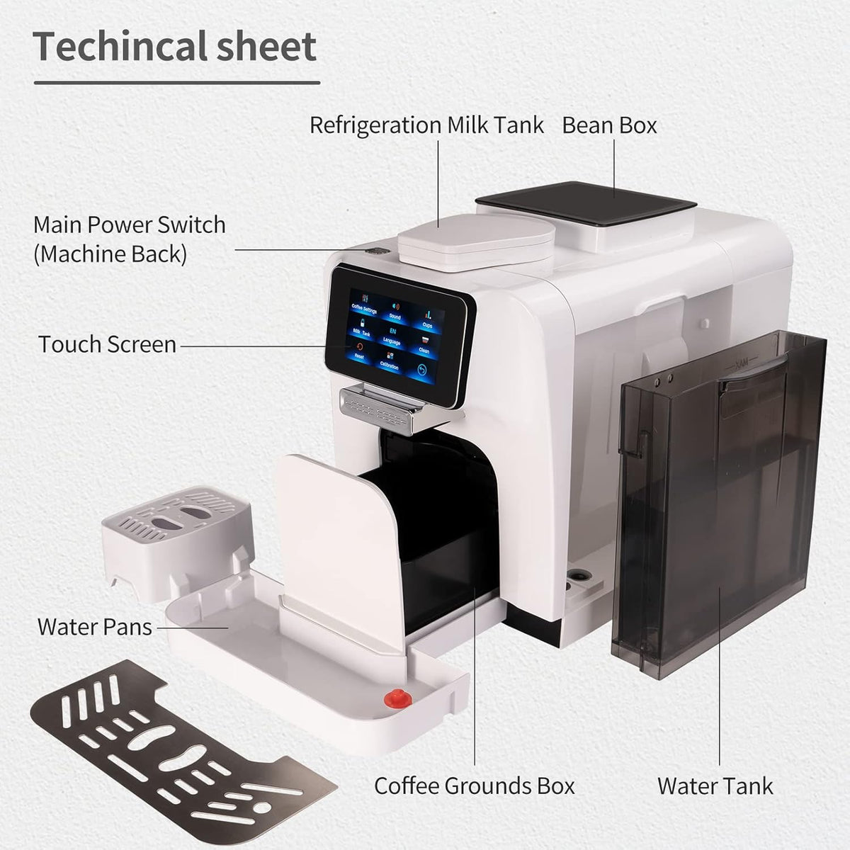 Super Automatic Espresso Coffee Machine with Milk Jug, Built-in Small Refrigerator, Controlled by WIFI Connection (White) I409893