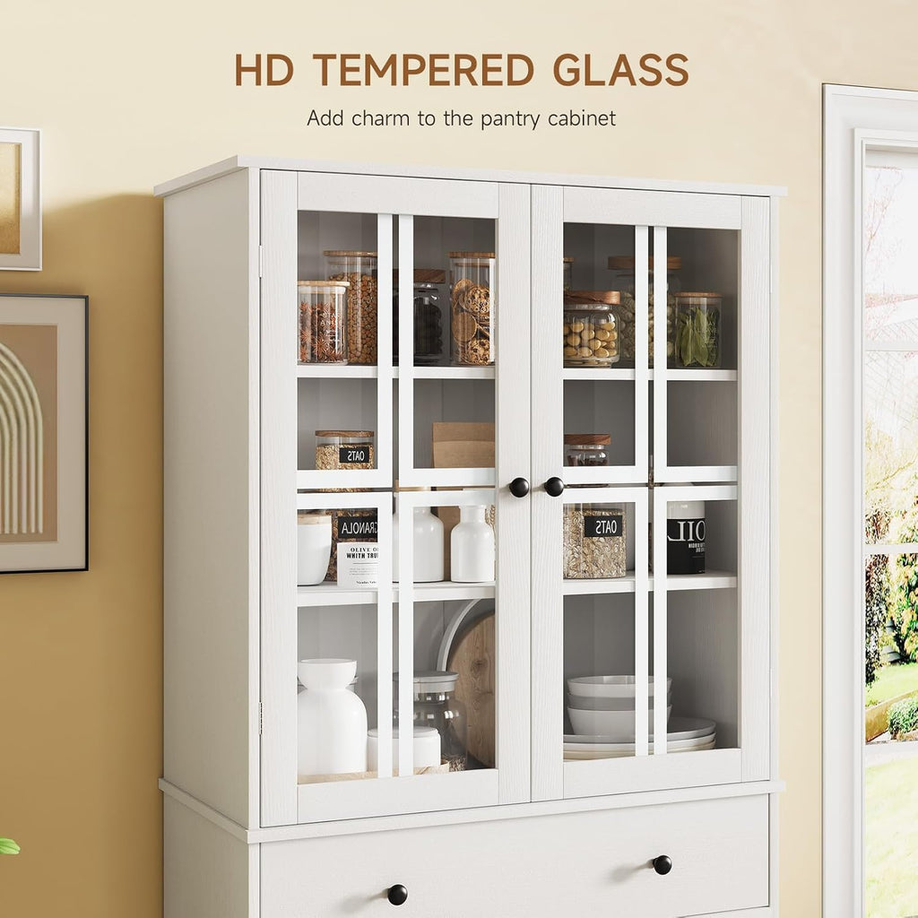 White Tall Pantry Cabinet with Glass Doors and 3 Adjustable Shelves W485