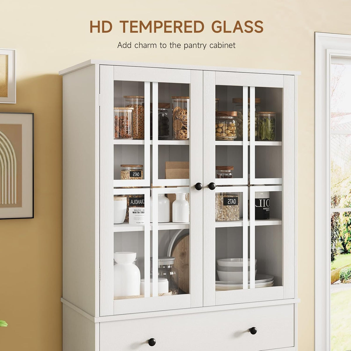 White Tall Pantry Cabinet with Glass Doors and 3 Adjustable Shelves W485