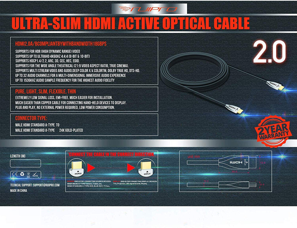 HDMI Ultra Thin Fiber Optic Cable 80ft 4K 60Hz HDMI 2.0b High Speed 18Gbps H657270
