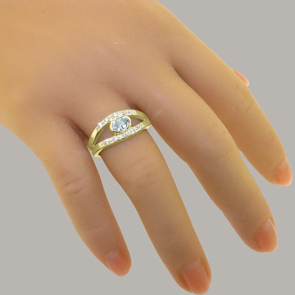 14k Yellow Gold Natural Aquamarine & Diamond Band Ring D2950