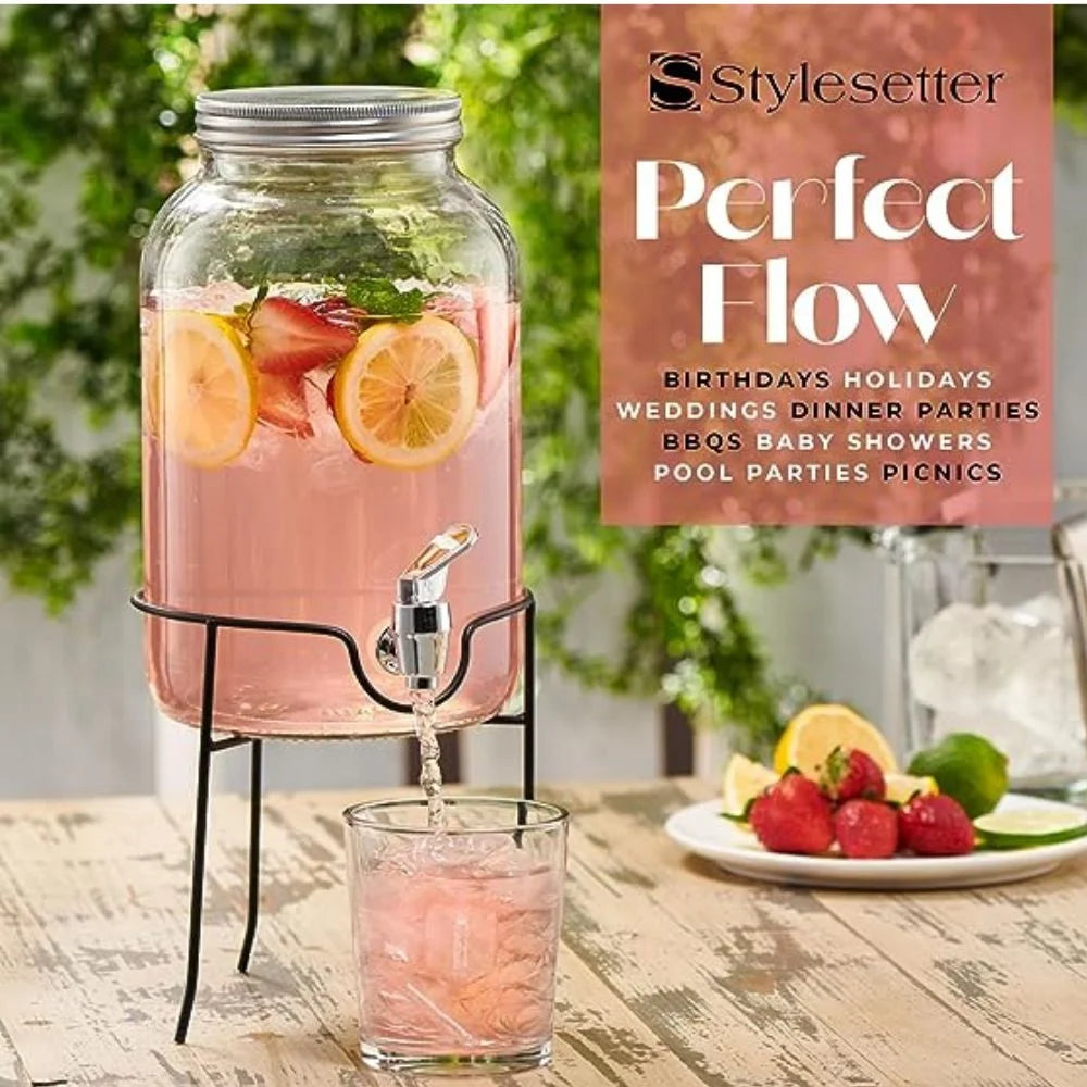 Clear Glass Beverage Dispenser with Spigot and Stand 1 Gallon N9490