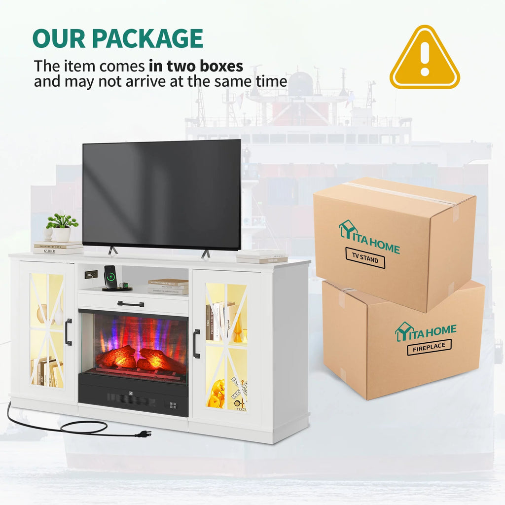 60 Inch White Entertainment Console with Slidable Fireplace and Storage Compartments D481363