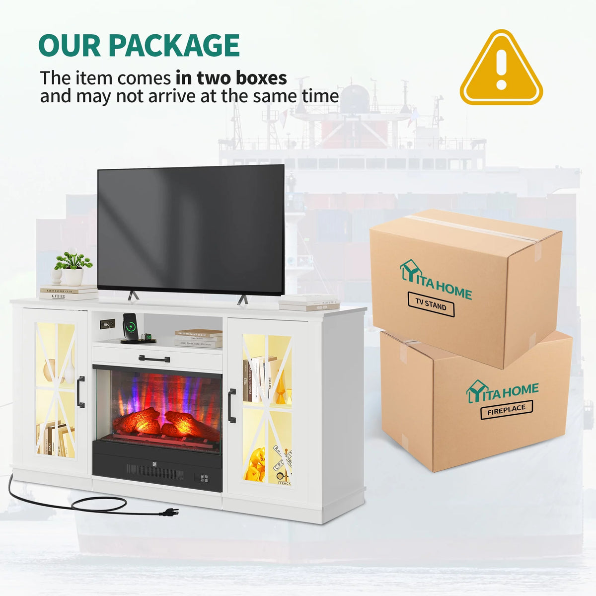 60 Inch White Entertainment Console with Slidable Fireplace and Storage Compartments D481363