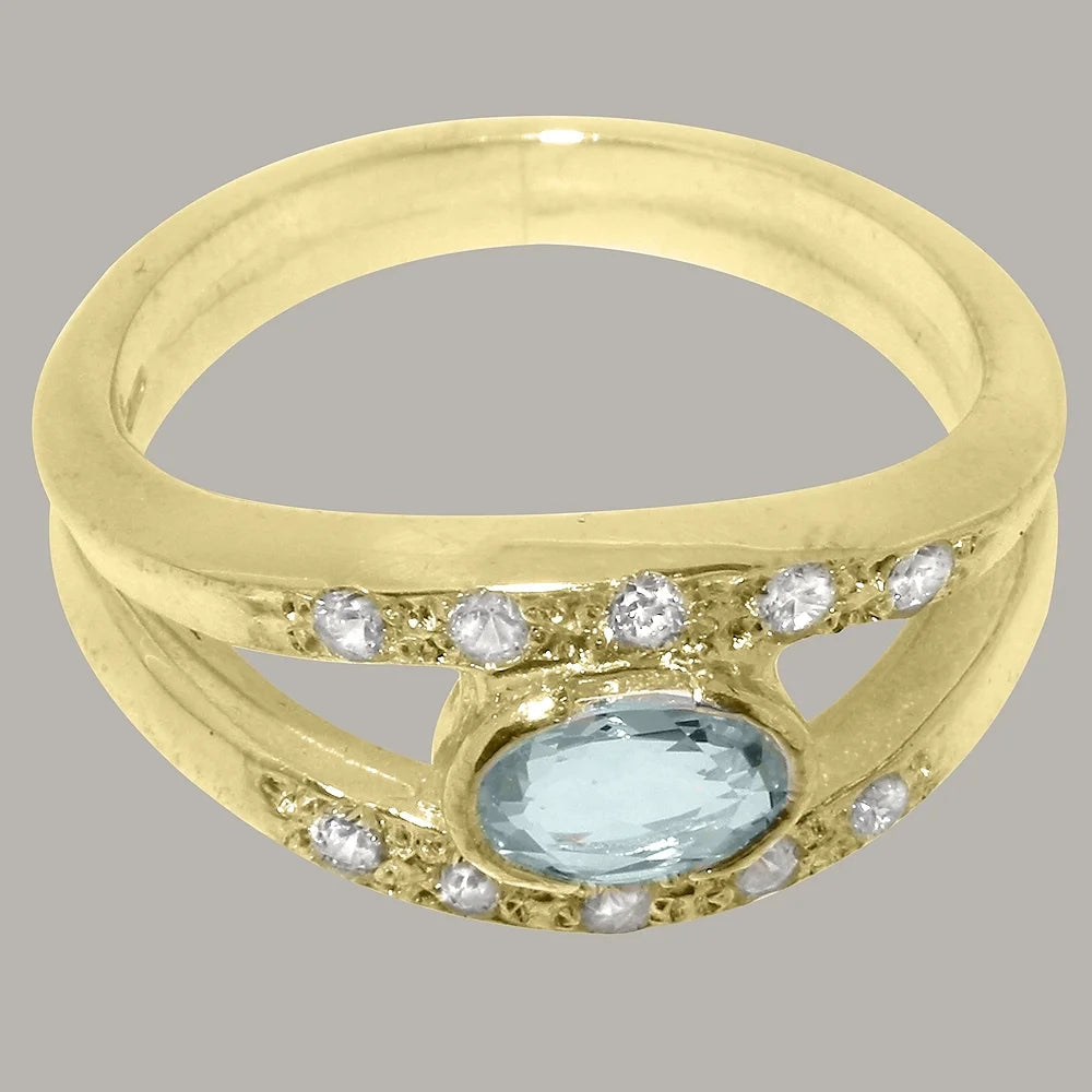 14k Yellow Gold Natural Aquamarine & Diamond Band Ring D2950