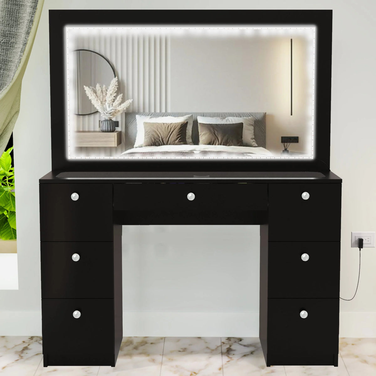 Black Vanity Desk with LED Lights, 7 Drawers, Mirror Y158