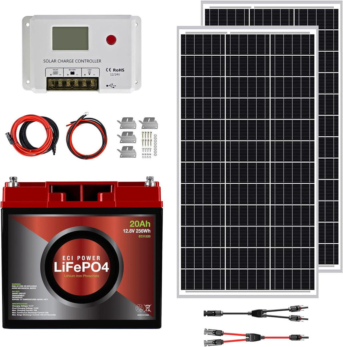 200W 12V Mono Rigid Solar Panel Kit with 20A PWM Charge Controller A513