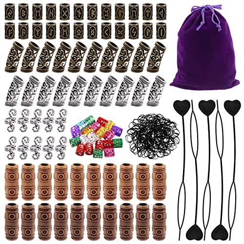 300Pcs Viking Rune Beads Hair Beard Beads Set including 5Pcs Black Pull Hairpin Quick Beader Hairpins and 200Pcs Black Rubber Bands with a Bag F55137