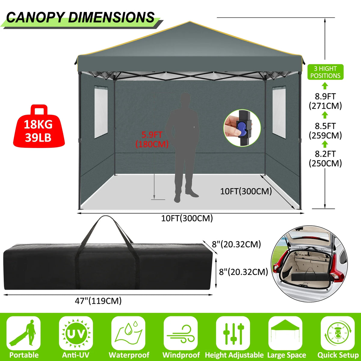 10' x 10' Pop up Canopy with 4 Removable Sidewalls and Carry Bag E181
