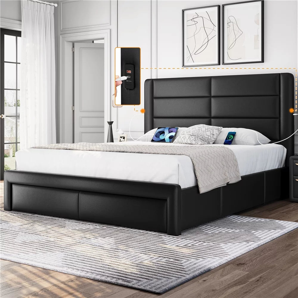 Upholstered Queen Bed with 3 Storage Drawers and USB Ports N119