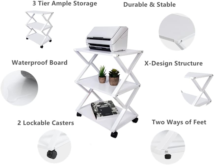 White 3 Tiers Printer Stand Cart with Storage Shelf on Wheels K517647