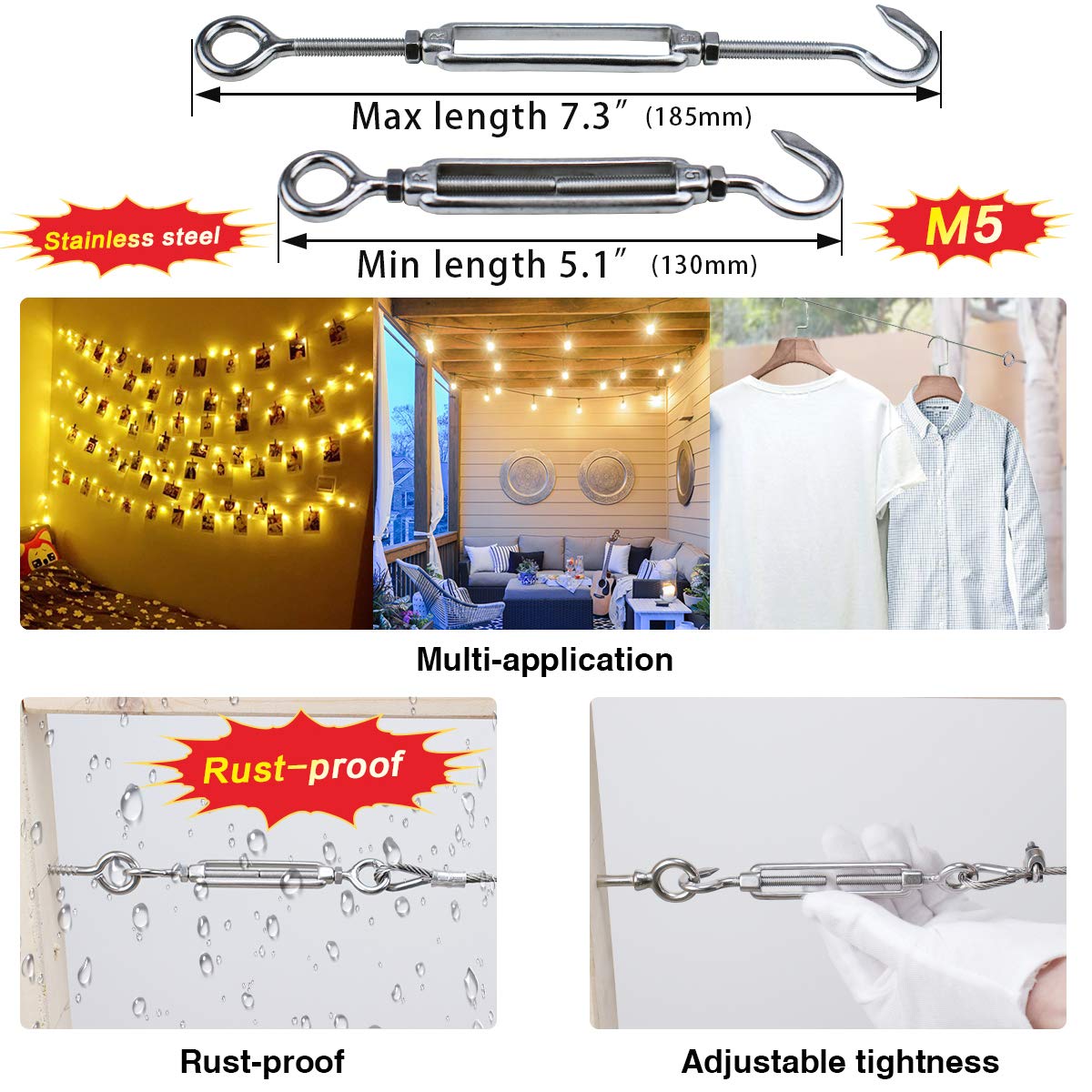 Cable Railing Kit M5 Hook & Eye Turnbuckle Wire Rope Tension M6 Stainless Steel Eyes Screw M3 Aluminum Crimping Loop M3 Stainless Steel Thimble NK08 Pack of 2 H795