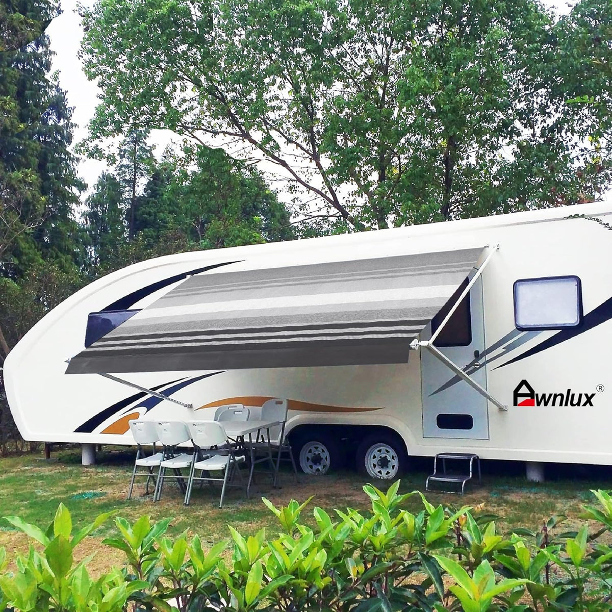 Black Ombre White 10' Vinyl RV Awning Fabric Replacement with Press Plate & Pull Strap N5278