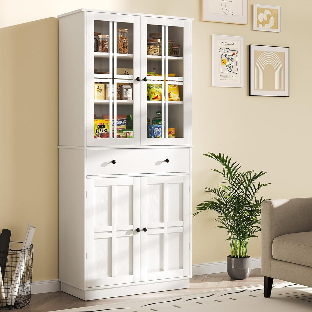 White Tall Pantry Cabinet with Glass Doors and 3 Adjustable Shelves W485