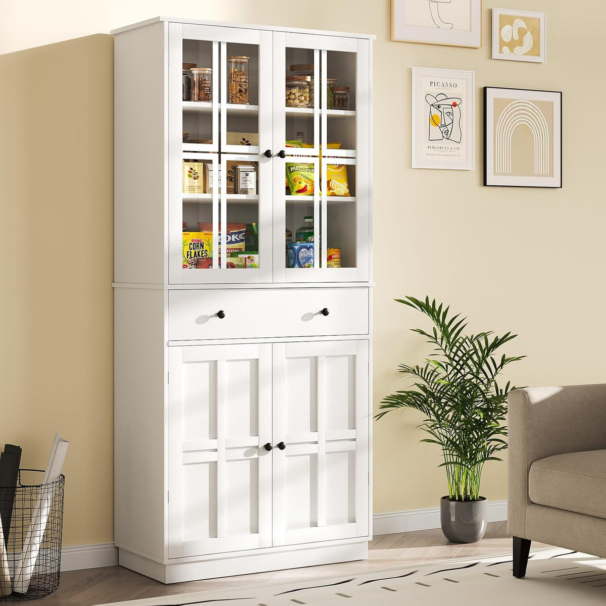 White Tall Pantry Cabinet with Glass Doors and 3 Adjustable Shelves W485