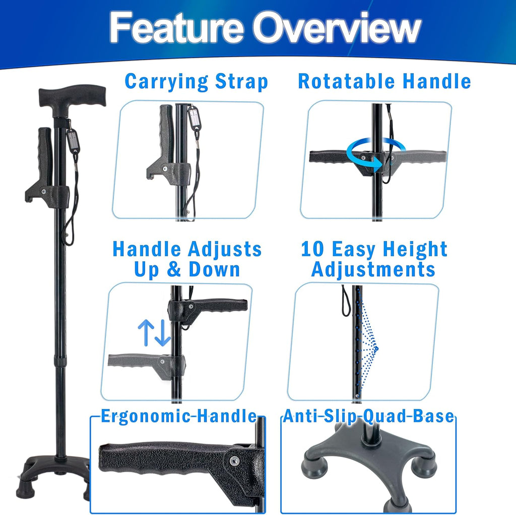 Adjustable Quad Prong Cane with Rotatable Second Support Handle K806