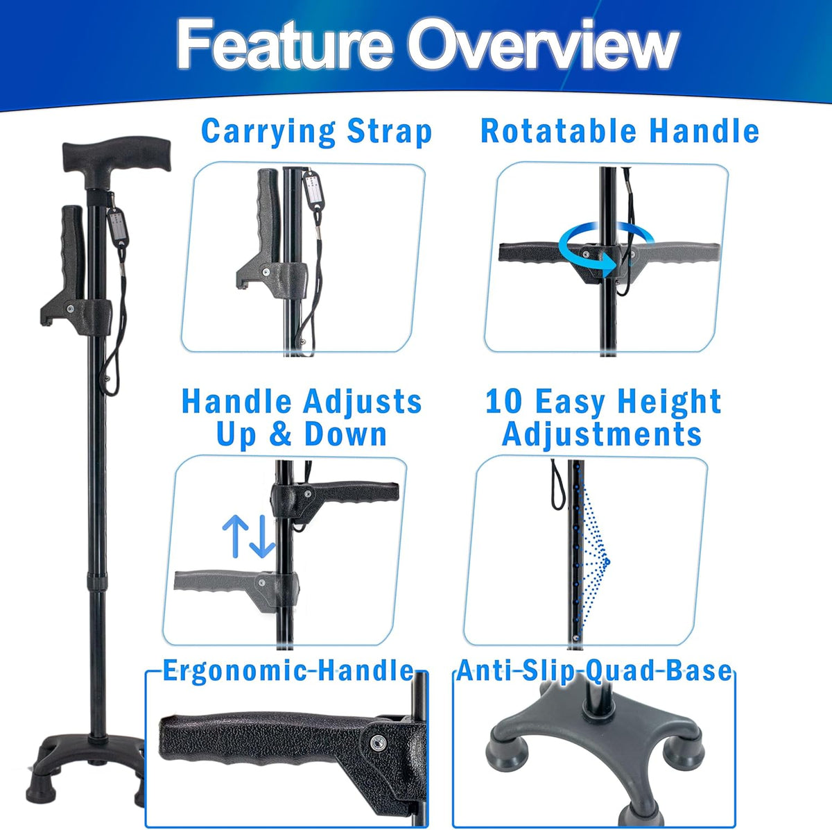 Adjustable Quad Prong Cane with Rotatable Second Support Handle K806