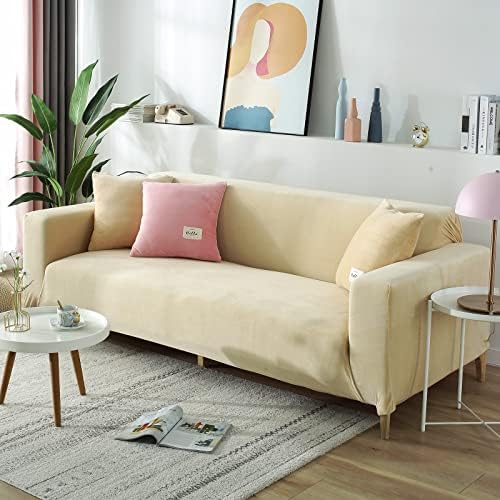 Beige 2 Seater Stretch Velvet Sofa Slipcover with Non Slip Elastic Straps N52885