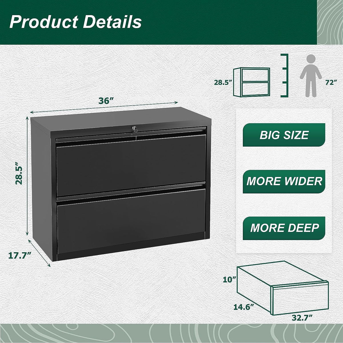 2 Drawer Metal File Cabinet with Lock, Black J222897