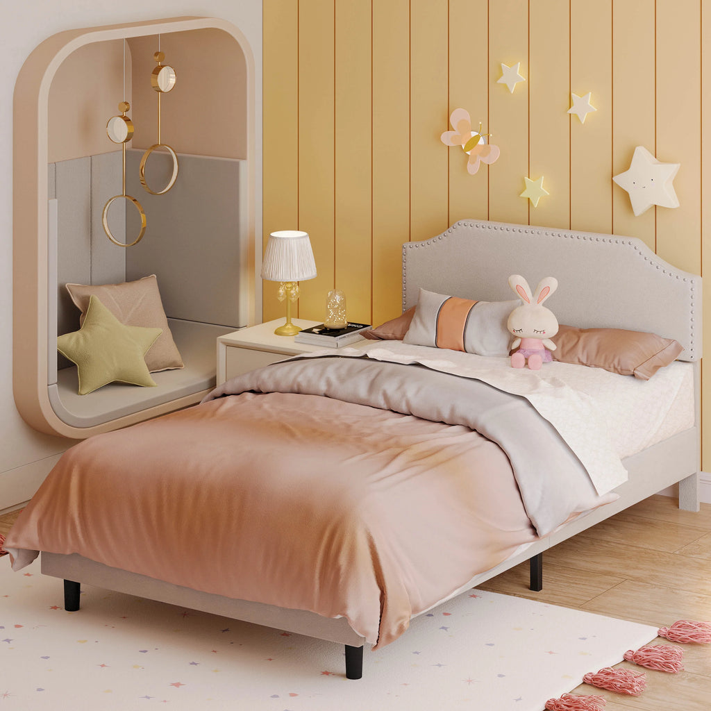 Grey Upholstered Twin Bed Frame with Adjustable Headboard X916046