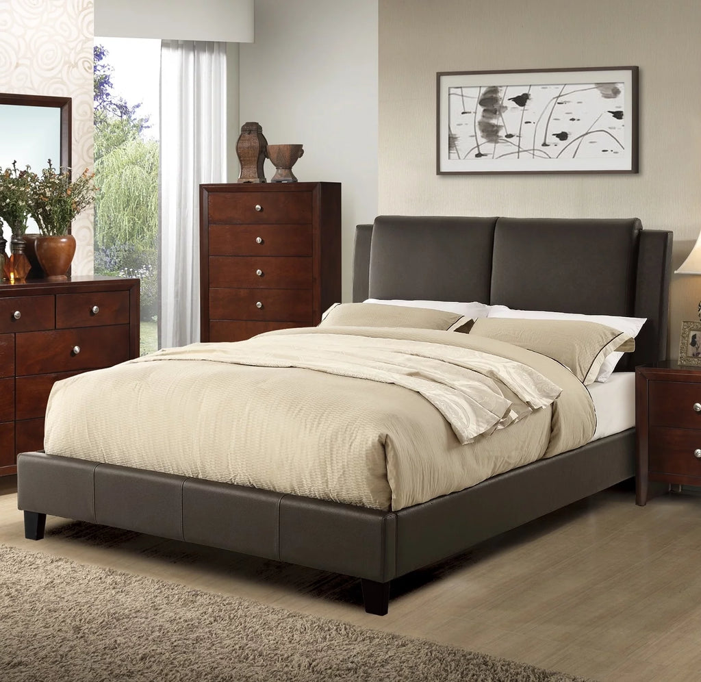 Brown Faux Leather Queen Size Upholstered Platform Bed J248817