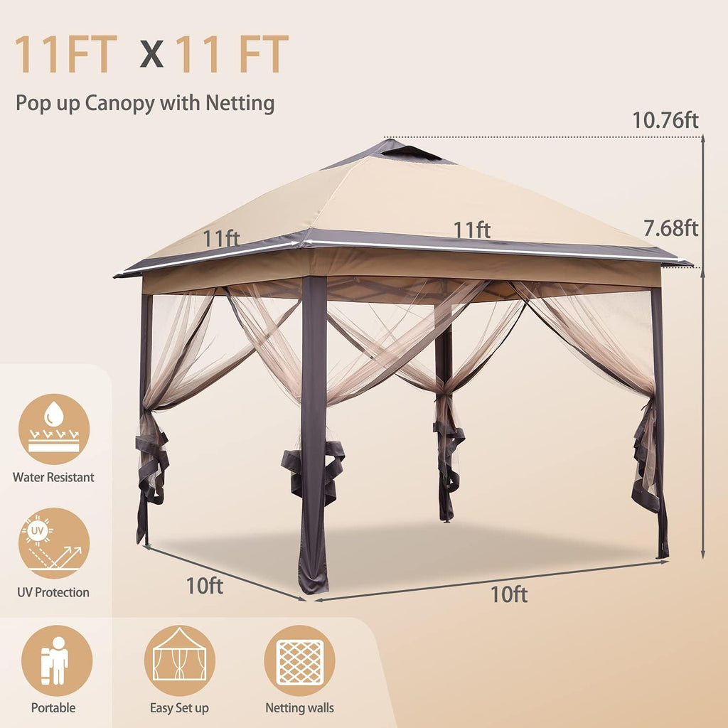 Brown 11'x11' Pop up Canopy Tent with Netting Sidewalls M9234