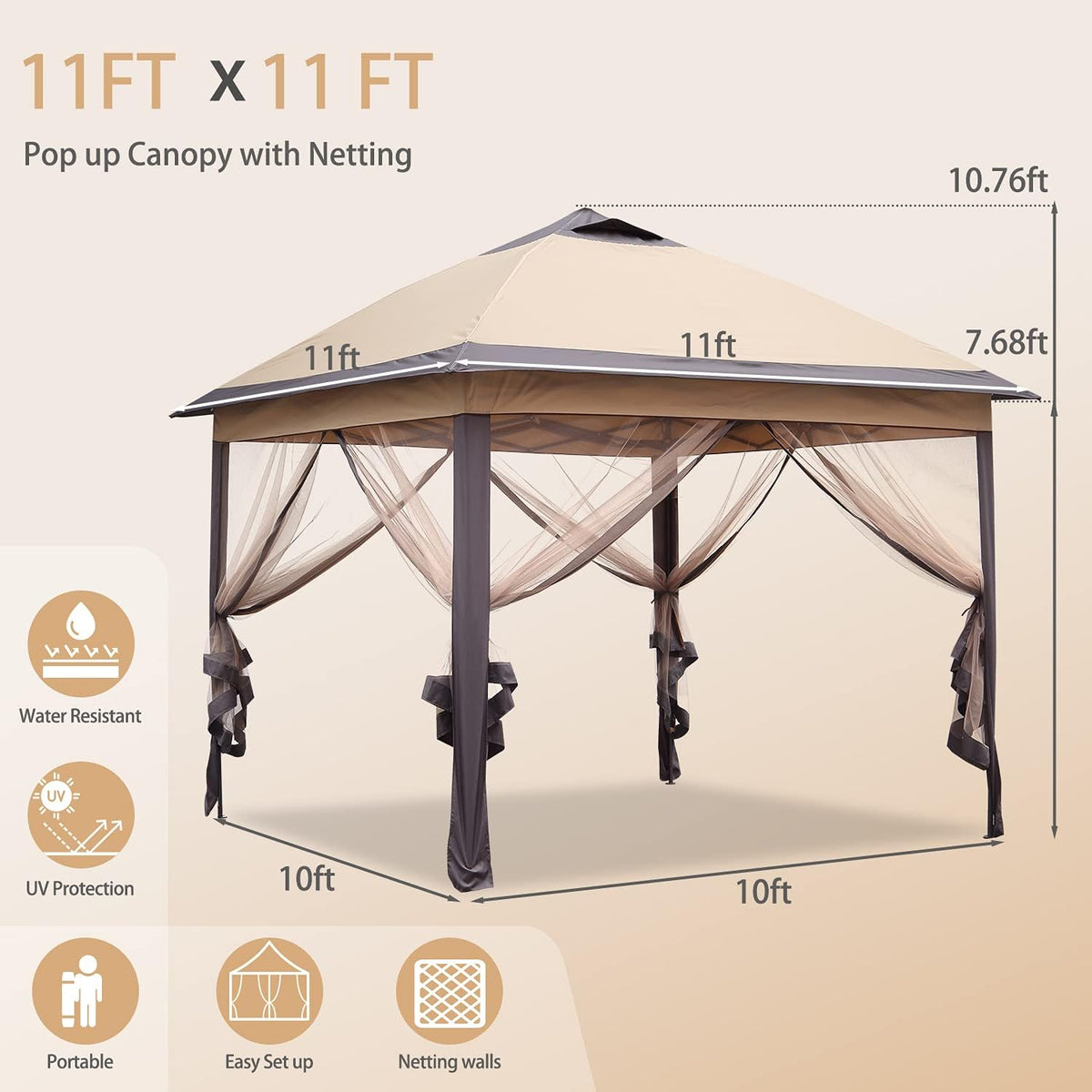 Brown 11'x11' Pop up Canopy Tent with Netting Sidewalls M9234