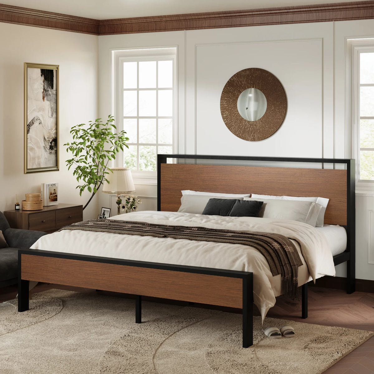 Walnut King Size Platform Bed Frame with Wood Headboard Z86209