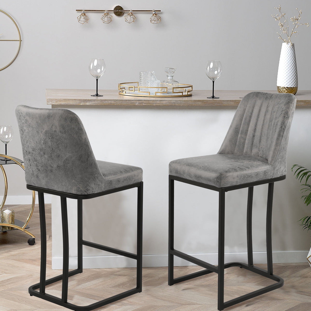 Gray PU Leather Bar Stool with Backrest, Set of 2 O40174