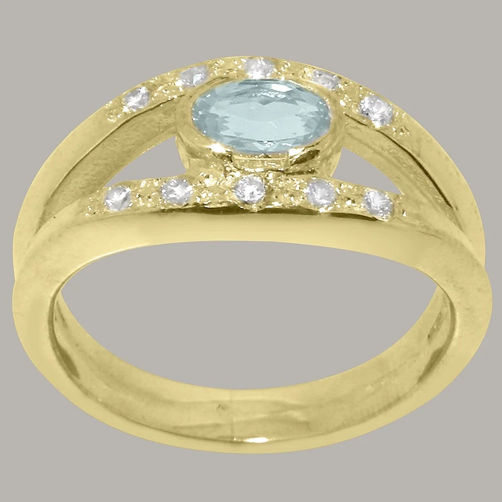 14k Yellow Gold Natural Aquamarine & Diamond Band Ring D2950