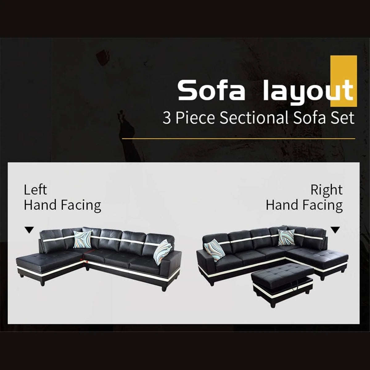 Black Leather 3-Piece L-Shaped Sectional Sofa Set with Ottoman I304507