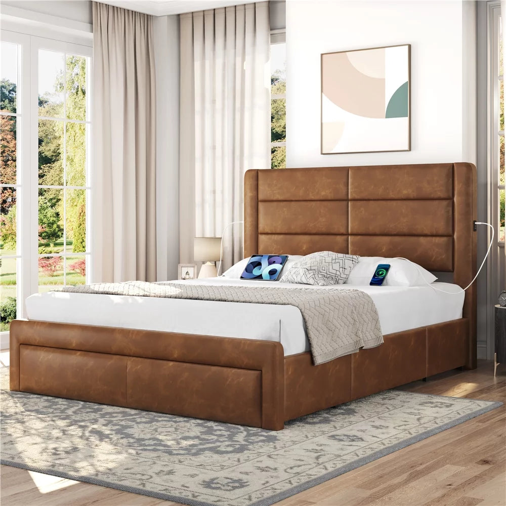 Upholstered Queen Bed with 3 Storage Drawers and USB Ports N119
