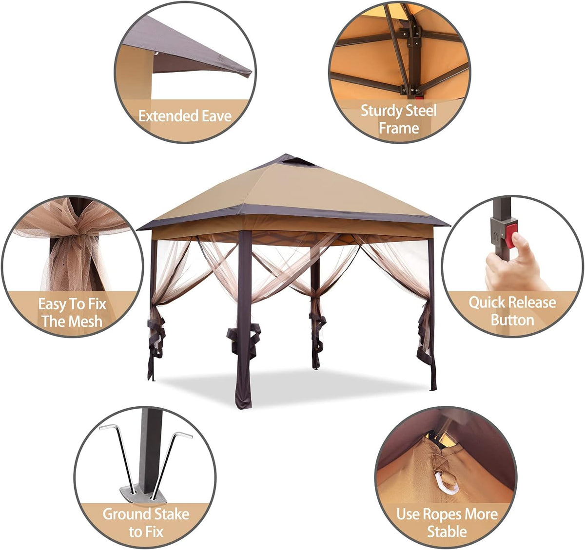 Brown 11'x11' Pop up Canopy Tent with Netting Sidewalls M9234