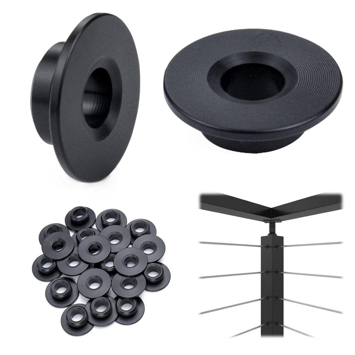 Black Cable Railing Kit 1/8 Wheel Protective Protector Sleeves Washer Insert Plug POM for Wire Rope Metal Posts Deck Balcony D7244