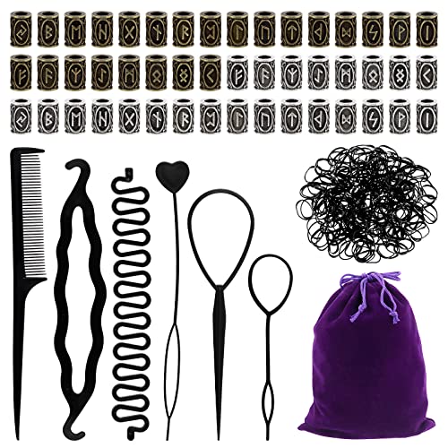 300Pcs Viking Rune Beads Hair Beard Beads Set including 5Pcs Black Pull Hairpin Quick Beader Hairpins and 200Pcs Black Rubber Bands with a Bag F55137