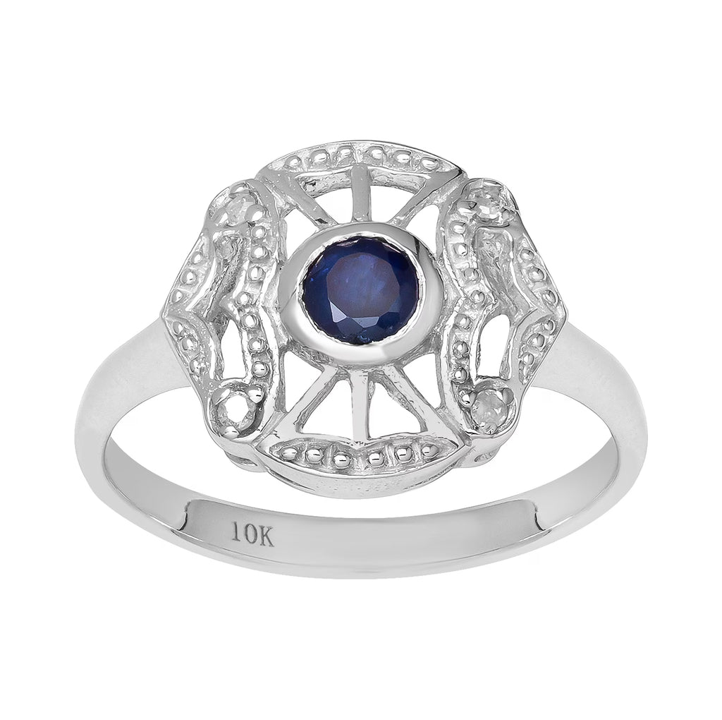 Vintage Style Genuine Round Sapphire and Diamond Accent Ring D1387