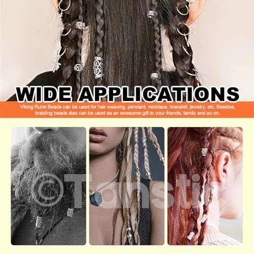 300Pcs Viking Rune Beads Hair Beard Beads Set including 5Pcs Black Pull Hairpin Quick Beader Hairpins and 200Pcs Black Rubber Bands with a Bag F55137
