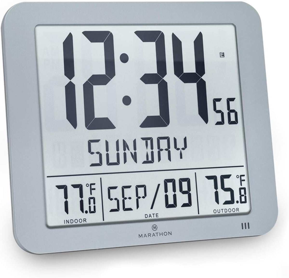 Graphite Grey Slim Atomic Wall Clock with Indoor/Outdoor Temperature and Full Calendar M9956
