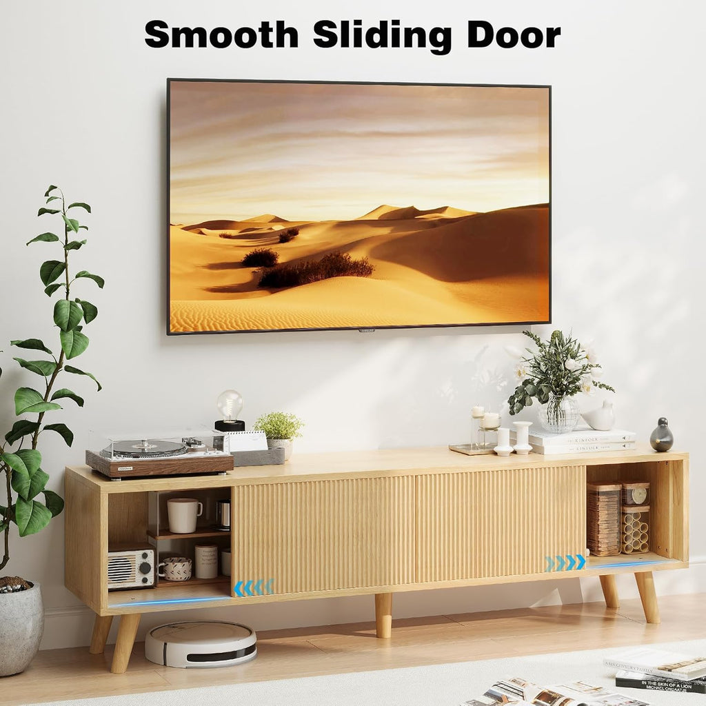 Natural Wood TV Stand with Fluted Sliding Doors W1890