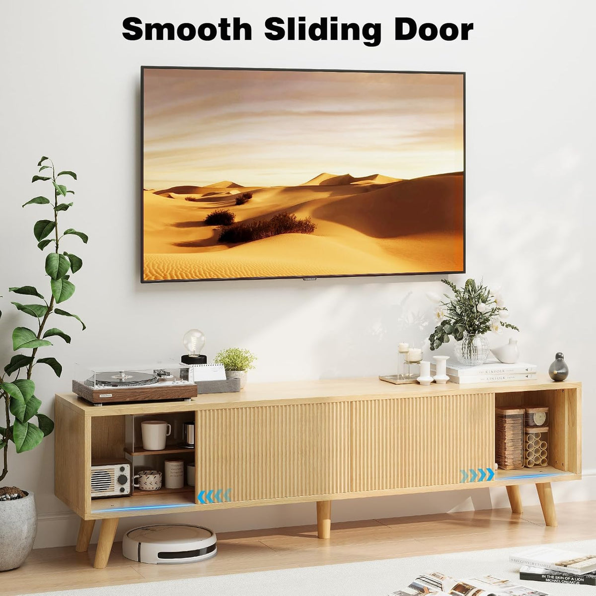 Natural Wood TV Stand with Fluted Sliding Doors W1890