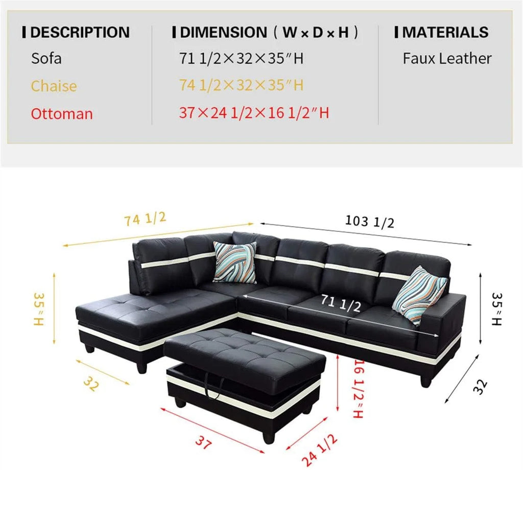 Black Leather 3-Piece L-Shaped Sectional Sofa Set with Ottoman I304507
