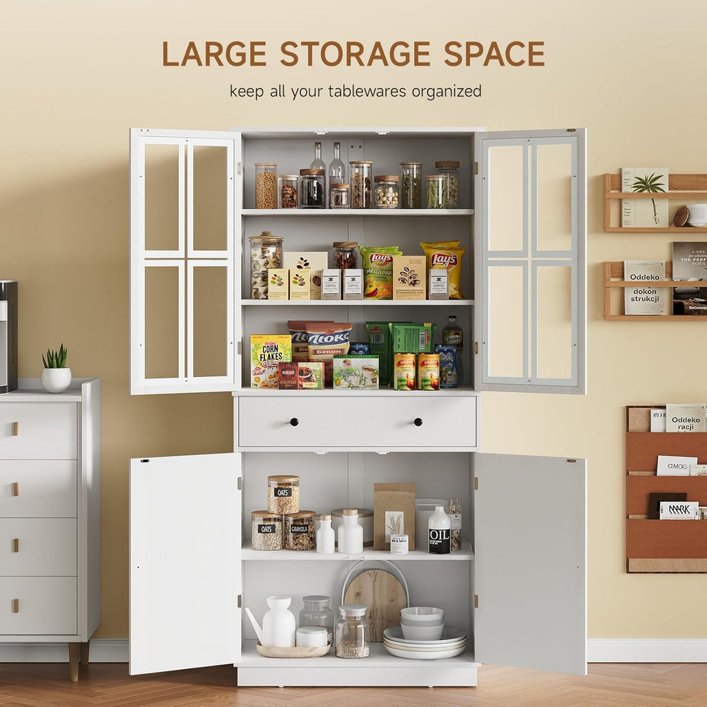 White Tall Pantry Cabinet with Glass Doors and 3 Adjustable Shelves W485