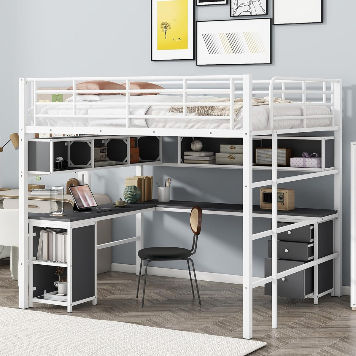 Full Size Metal Loft Bed with Bookcase and Desk E54133