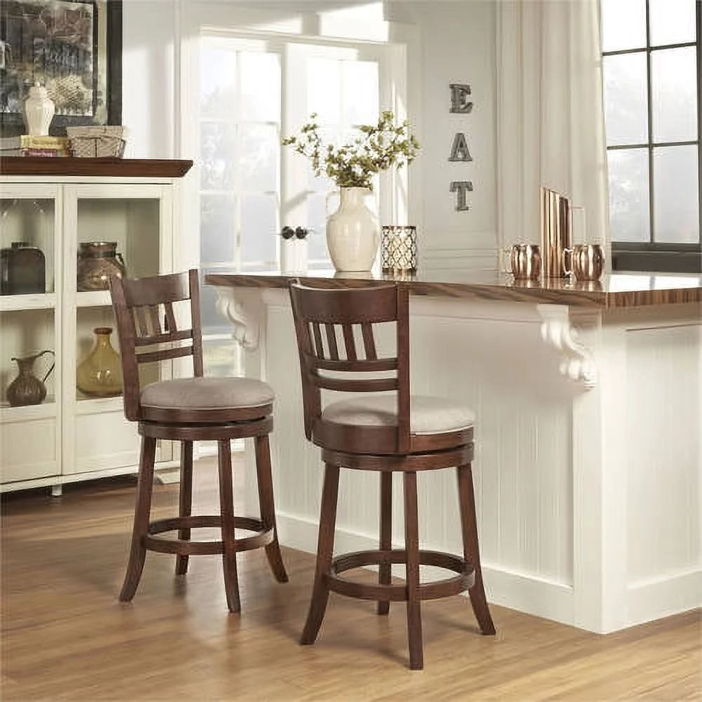 Dark Cherry Wood Counter Height Stool with Gray Linen Q209400