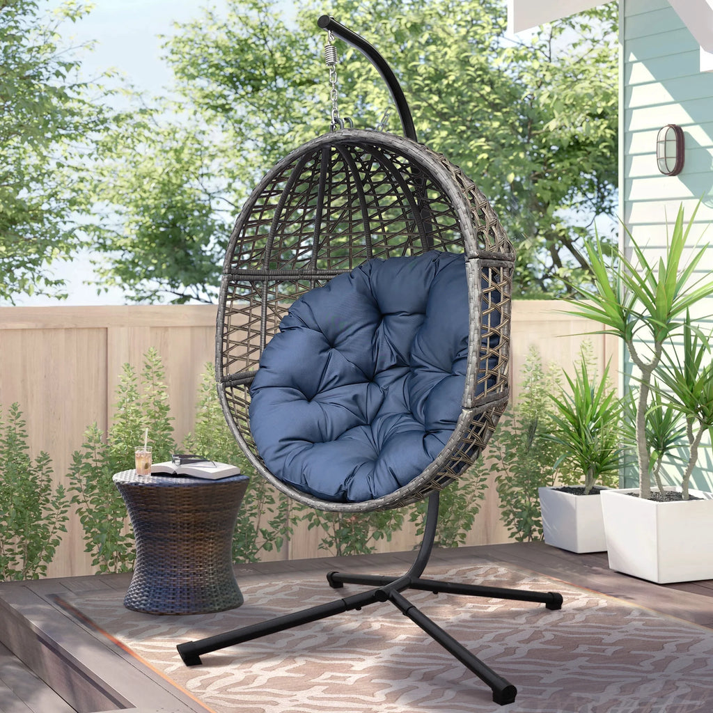 Navy Blue Resin Wicker Hanging Egg Chair W56450
