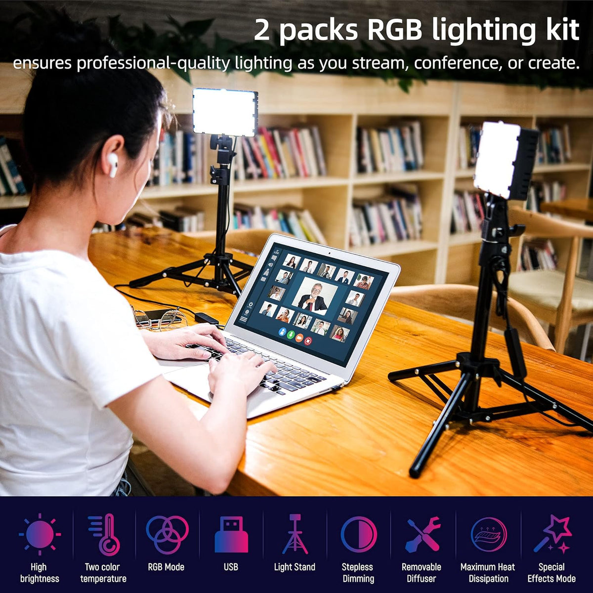 RGB Photography Lighting Kit, Tabletop Video Conference Lighting, 3 Packs S685