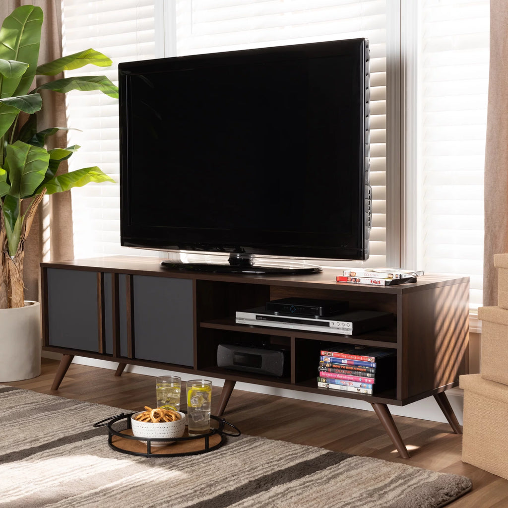 Grey and Walnut Wood 2-Door TV Stand R788886