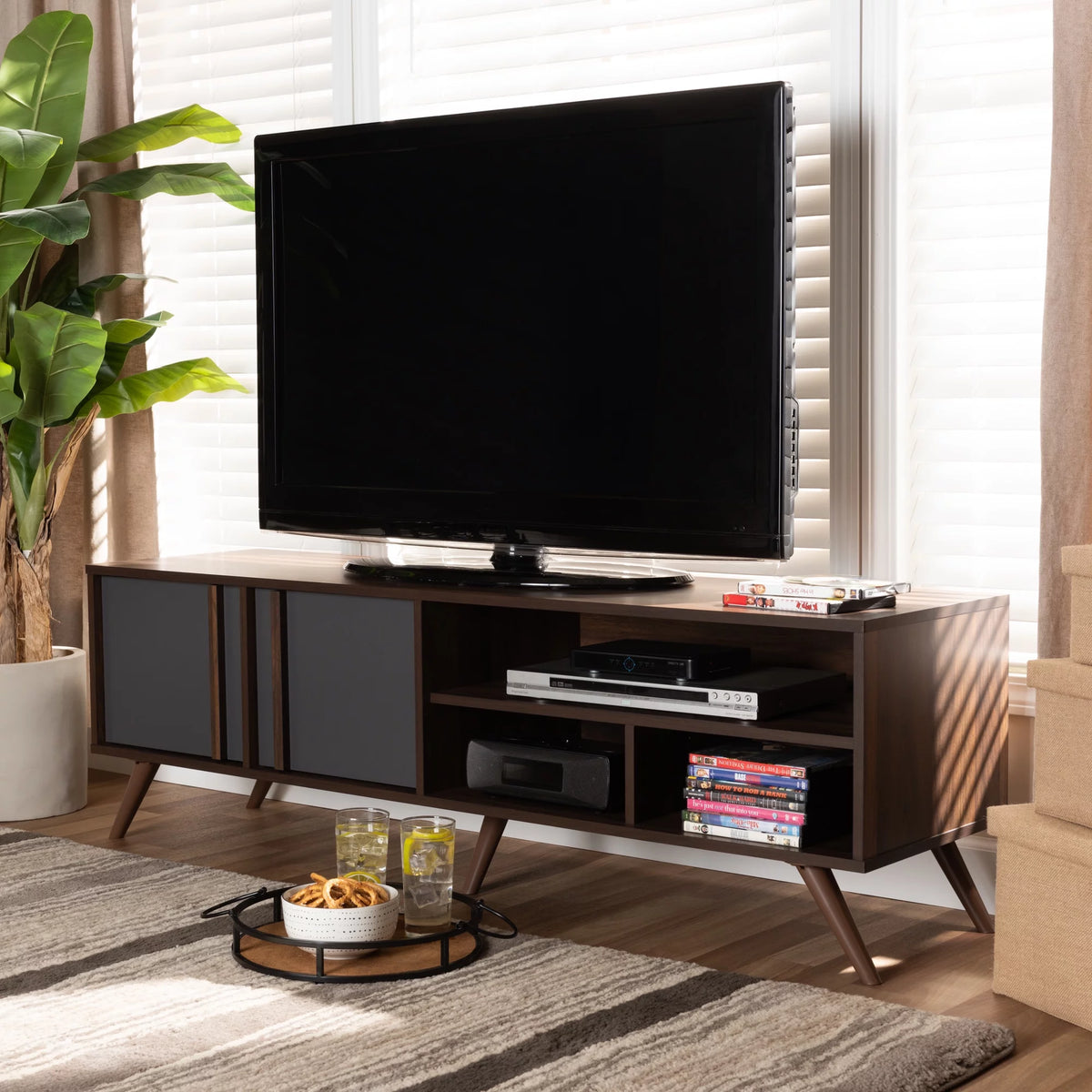 Grey and Walnut Wood 2-Door TV Stand R788886