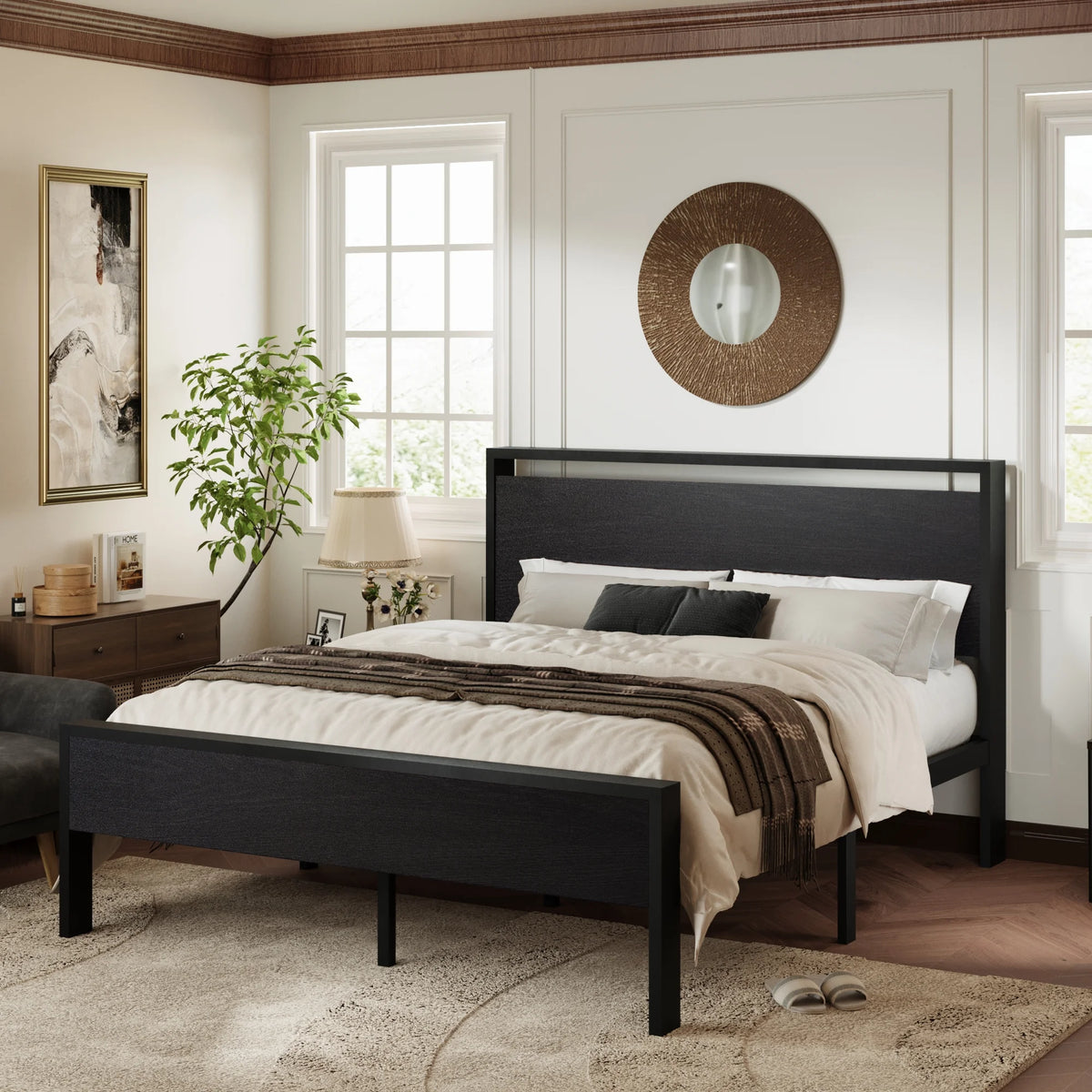 Walnut King Size Platform Bed Frame with Wood Headboard Z86209
