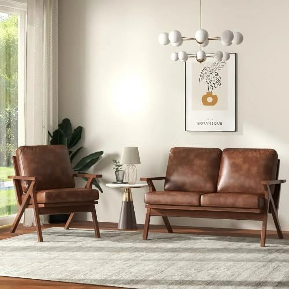 Brown Faux Leather Accent Chair with Wooden Frame U319164